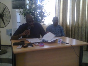 Barrister Chike Ogeah, Delta State Information  Commissioner (Left) with Mr. Austin Mowah, Permanent Secretary during the press briefing in Warri