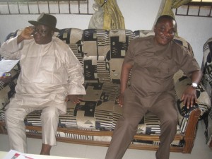 From left; Chief E. Clark and Chief Peter Nwabuchi, Delta PDP Chairman, during the press briefing in Warri.