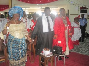 The Olu of Warri, Ogiame Atuwatse II (Right) and others at the thanksgiving service ceremony at the Foursquare Gospel Church in Olu Palace, Warri