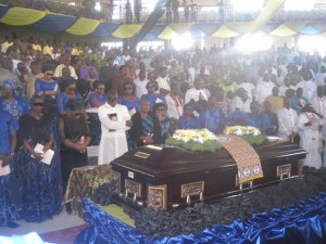 The Family of Late Senator Pius Ewherido and his casket during the valedictory section held in his honour at Uwviamuge, Agbarho.