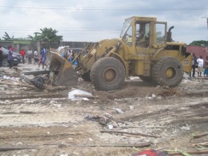 Bulldozer at work during the demolition exercise