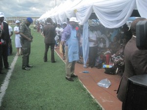 Governor Emmanuel Uduaghan addressing the women during the flag-off of the 2013 third quarter polio eradication sensitization campaign held in Warri City Stadium