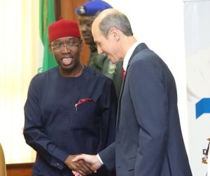 Delta State Governor, Senator Ifeanyi Okowa (left) and the Managing Director, United Nations Industrial Development Organization, Philippe Scholtes, during a meeting between the Governor and (UNIDO) in Asaba.