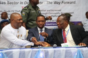 Delta State Governor, Senator Ifeanyi Okowa (middle); his Deputy, Barr. Kingsley Otuaro (left) and the Chairman, State Advisory and Peace Building Council, Prof Sam Oyovbaire during a One-Day Stakeholders Summit on Vandalization of Oil & Gas Facilities and Installations at P.T.I Conference Centre, Effurun.