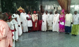 The Olu of Warri, Ogiame Ikenwoli (m) in group photograph with members of His Advisory Council.
