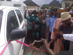 High Chief Idu Amadhe, PG IDU (2nd left), Hon Leo Ogor (3rd left) and others during the commissioning of the vehicles donated to vigilante groups in Isoko by Hon. Ogor.