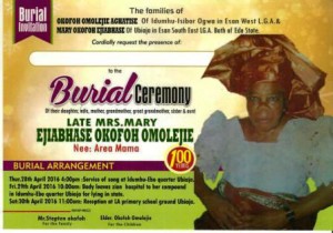 Centurion Mama: Late Mrs. Mary Ejiabhase Okofoh Omolejie (Nee Area Mama) For Burial, 29th April  2016