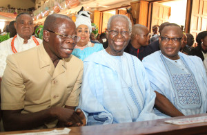 From left: Governor Adams Oshiomhole of Edo State, Chief Tony Anenih, former BOT Chairman, PDP and Mr. Dan Orbih, PDP Chairman, Edo State at the 10th Episcopal Ordination Anniversary celebration of Most Rev Augustine Akubeze at St Paul Catholic Church, Benin City.