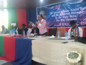 Mrs. Akiyo Briggs making a point during the IYC conference held in Warri. 
