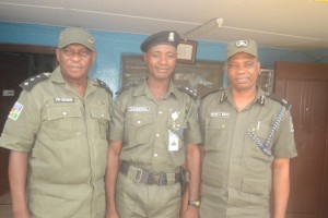 R-L:Warri Area Commander, ACP Adamu Mu’Azu, DSP Ya’U Musa Kangiwa and DSP Ebi Orubiri shortly after decorating DSP Kangiwa with his new rank.