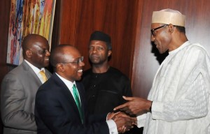 PIC.14. FROM LEFT: PERMANENT SECRETARY, STATE HOUSE, MR NEBOLISA EMORDI;  CBN GOVERNOR, MR GODWIN EMEFIELE; VICE-PRESIDENT YEMI OSINBAJO AND  PRESIDENT MUHAMMADU BUHARI, DURING THE INAUGURATION OF NATIONAL ECONOMIC  COUNCIL AT THE PRESIDENTIAL VILLA IN ABUJA ON MONDAY (29/6/15). 5067/29/6/2015/ICE/CH/NAN