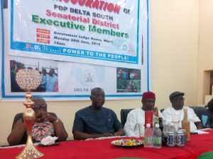 L-R, Rev. Mrs. Shola Williams, Commissioner for Women Affairs and Social Development, Dr. Joseph Otumara, former Delta state Health Commissioner, Chief Emmanuel Agbaduba, Chairman, PDP, Delta South Senatorial District and Hon. Omimi Esqiure, Political Adviser to Governor Ifeanyi Okowa, yesterday during the inauguration of the executive of PDP Delta south senatorial district held at Government House, Annex, WARRI.
