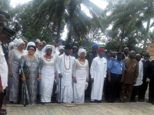 Governor Ifeanyi Okowa of Delta State (3rd right), Zanna Ibrahim, Delta State Commissioner of Police (2nd right), the Ibru family and others during the burial ceremony of Late Felix Ibru today at Agbarha-Otor, Ughelli North Local Government Area of Delta State. 