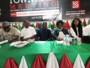 (Left-right) Omimi Esquire, Political Adviser to Governor Ifeanyi Okowa, Vincent Uduaghan, Delta State Commissioner for Transport, Matthew Mofe Edema, Warri South Chairman, Omawumi Beatrice Udoh, member representing Warri South Constituency 1 at the Federal House of Representatives, and her daughter during the town hall meeting, today. 