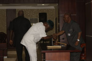 Hon. Chief Evance Ochuko Ivwurie, Member Representing Ethiope East Constituency in the Delta State House of Assembly in a handshake with the Speaker, Rt. Hon. Monday Ovwigho Igbuya. 