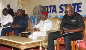 Delta State Governor, Senator Ifeanyi Okowa (middle); Hon. Leo Ogor (left); Majority Leader, Hon. Tim Owhefere (right) and State PDP Chairman, Barr. Kingsley Esiso, during the 2017 Town Hall Meeting, at Isoko North Local Government Area, Delta State.