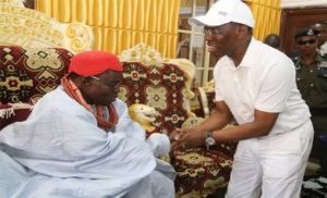 Governor Ifeanyi Okowa (right) in a warm handshake with Odio-Ologbo of Oleh, His Royal Majesty, Anthony William Onovughe Ovrawah (JP),