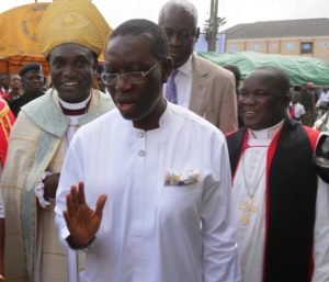 Delta State Governor, Senator Ifeanyi Okowa (middle) ; Archbishop, Bendel Province, Most Rev Friday Imaekhai (left) and Rt Hon Rev. Marcus Ibrahim, Bishop of Yola Diocese at the Governor’s arrival to attend the 2017 Synod of the Anglican Communion at Ekete in Udu LGA
