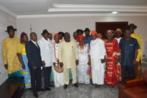 THE SPEAKER DELTA STATE HOUSE OF ASSEMBLY RT HON SHERIFF OBOREVWORI, SOME LAWMAKERS AND MEMBERS OF THE AGHALOKPE AXIS POLITICAL FORUM WHEN THEY PAID THE SPEAKER A COURTESY VISIT IN ASABA.