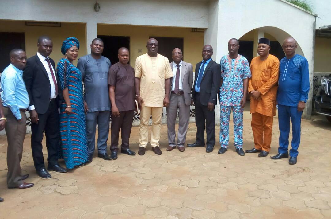 Mr Patrick Ukah, Delta State Commissioner for information (middle), Comrade Michael Ikeogwu, Delta State NUJ Chairman (5th Left) and his executive members in a group photograph during the courtesy call to Commissioner.  
