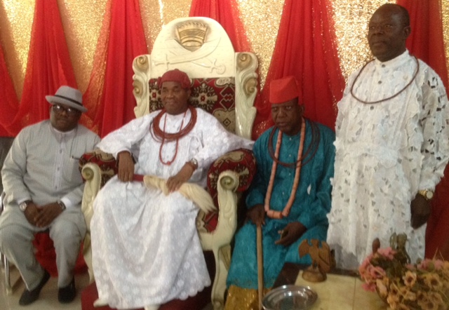 from left, Mr. Ufuoma Usen, HRM Orefe 111, JP , Ovie of Oghara a Kingdom, Chief Stephen Ukerun,( Rtd) Commissioner of Police and Chief Sam Emiko, Secretary, Oghara Traditional Council(Palace) during Mr. Usen's consultation visit to the monarch.