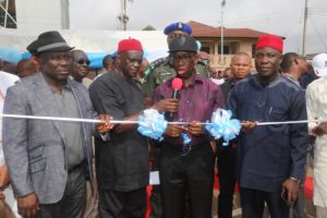 Delta State Governor, Senator Ifeanyi Okowa (2nd right); Speaker, Delta State House of Assembly, Rt. Hon. Sheriff Oborevwori (right); Chairman, Oshimili South Local Government Arae, Pastor Chuks Obusom (right) and Mr. Clement Ofuani, during the Commissioning of Rehabilitation of Isioma Onyeobi way in Asaba. 