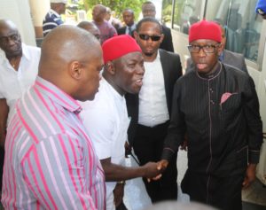 Delta State Governor, Senator Ifeanyi Okowa (right); Commissioner for Health, Dr. Nicholas Azinge (left) and Chairman, Oshimili South Local Government Area, Pastor Chuks Obusom, during Oshimili South Town Hall Meet, to mark the Governor's 2nd Year in Office, held at Grand Hotel Nnebisi Road Asaba.