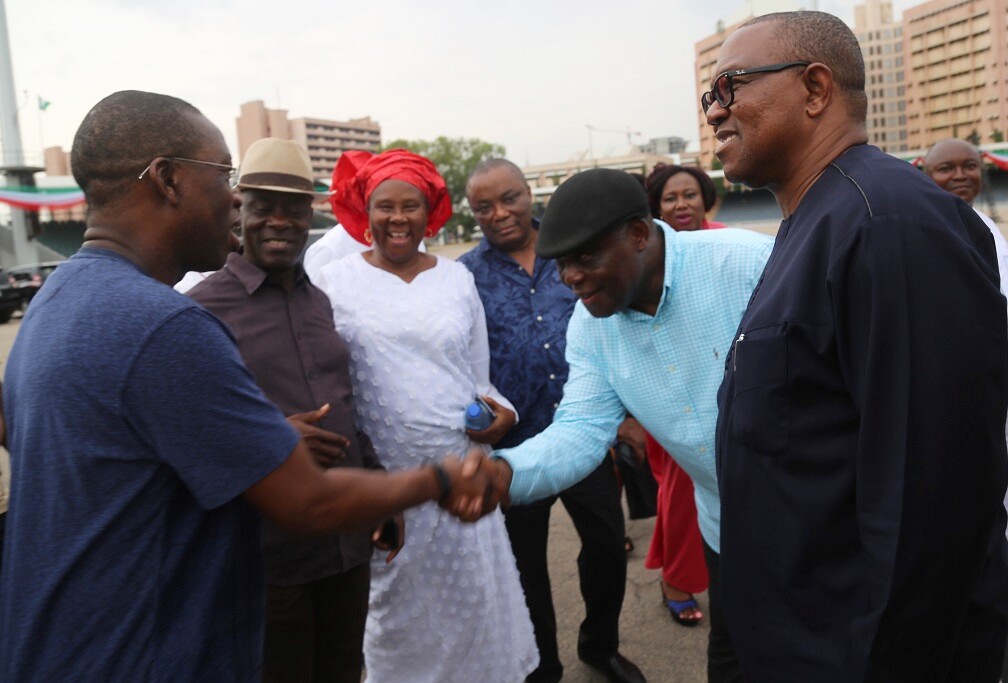 Delta State Governor, Senator Ifeanyi Okowa (left); former Governor of Anambra State, Peter Obi (right); High Chief Raymond Dokpesi (2nd right); Senator Peter Nwaoboshi (3rd right); Mrs. Josephine Anenih (3rd left) and Senator Nimi Amange, during the Inspection of Eagle Square Venue, for the PDP Convention at Abuja.