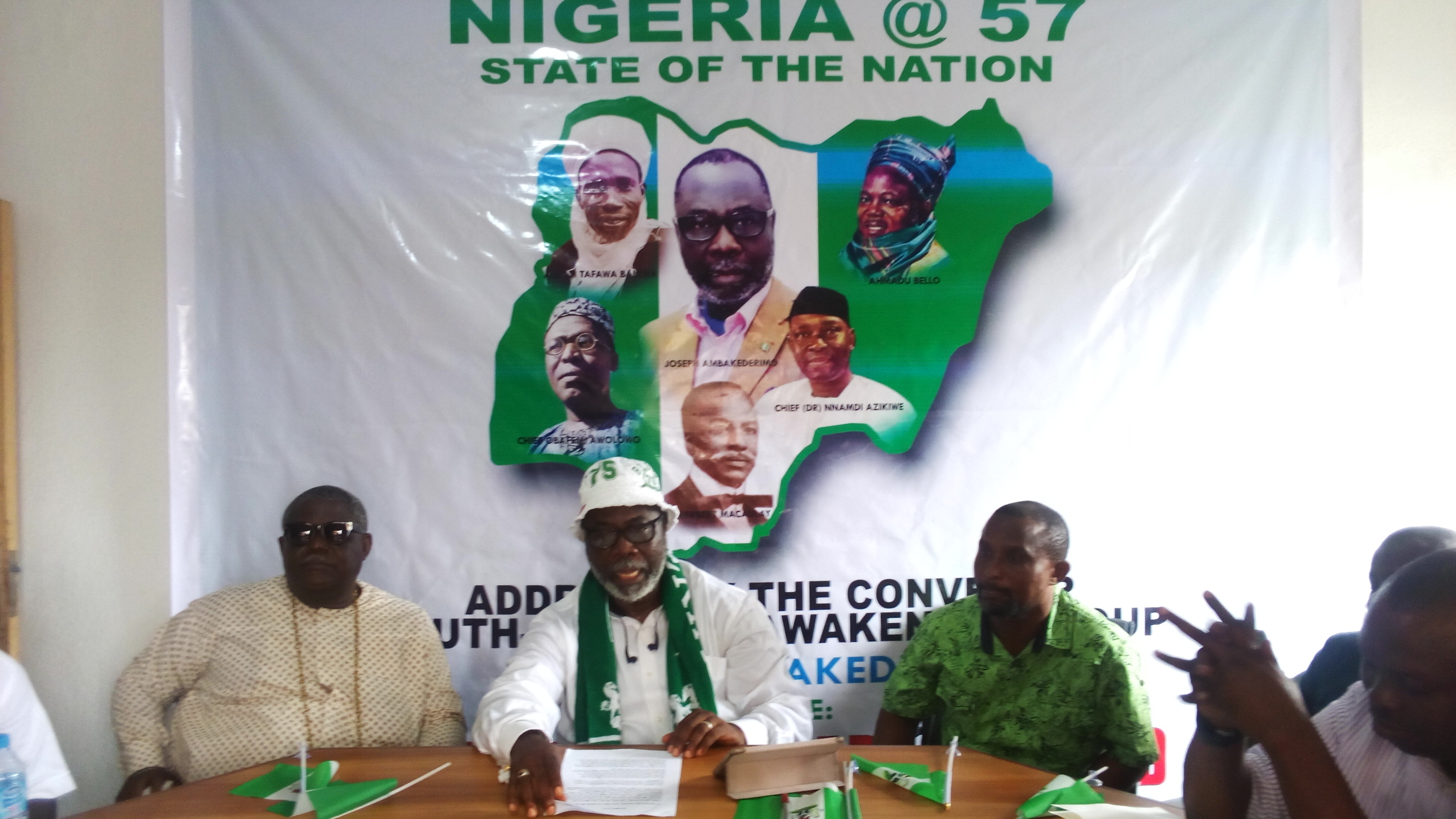 Mr Joseph Ambakederimo, Convener, South South Reawakening Group (middle), Mr Djan Ika (left) and Mr Kingsley Arthur during the press briefing in Warri today. 