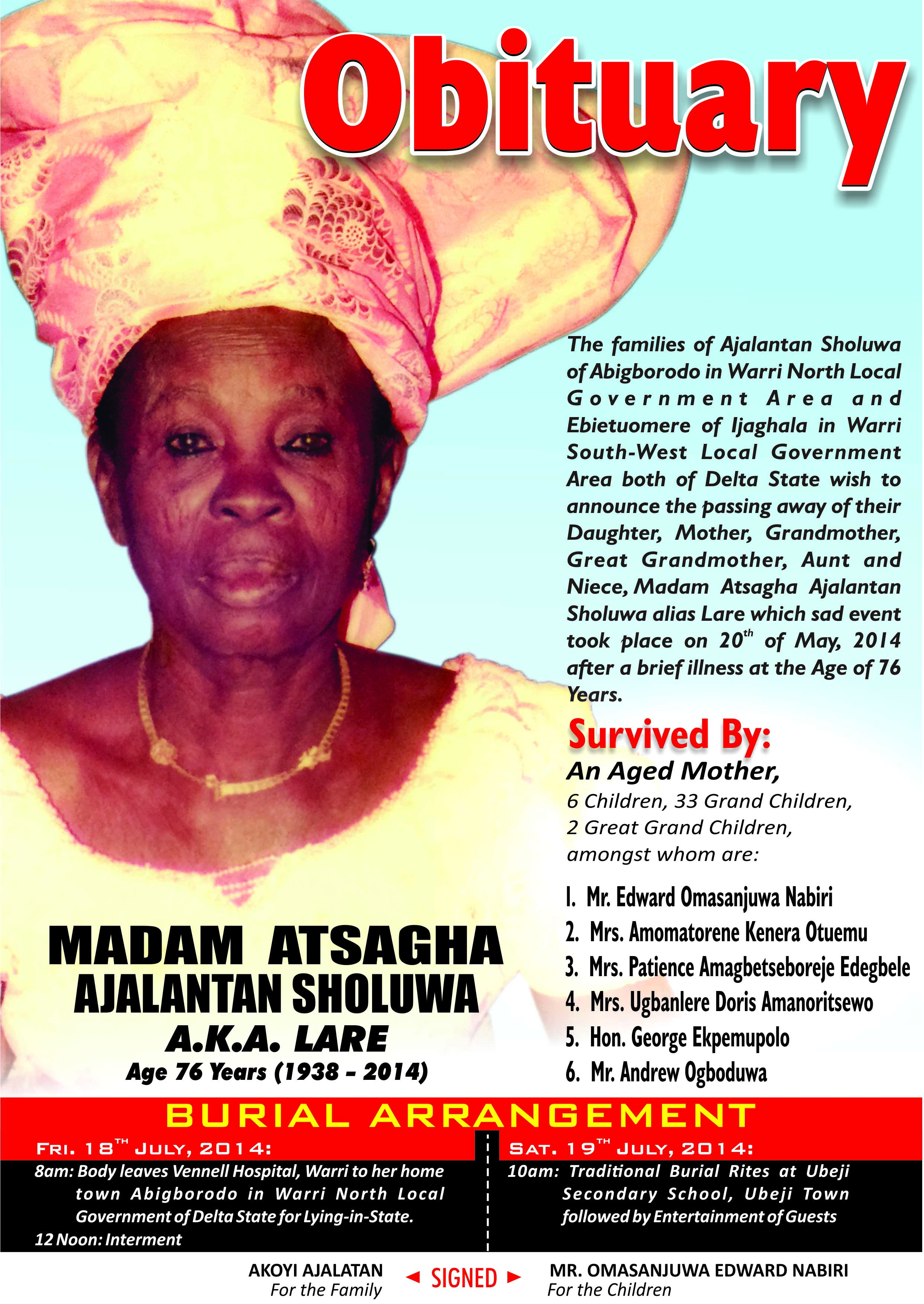 OBITUARY: MADAM ATSAGHA AJALANTAN SHOLUWA FOR BURIAL, JULY 18 &19 ...